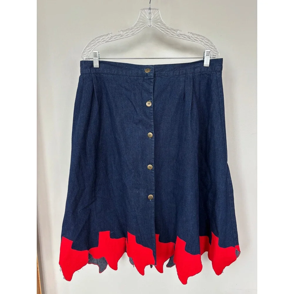American Legends Vintage Denim Texas Applique Midi Skirt Blue Red Size 16 USA